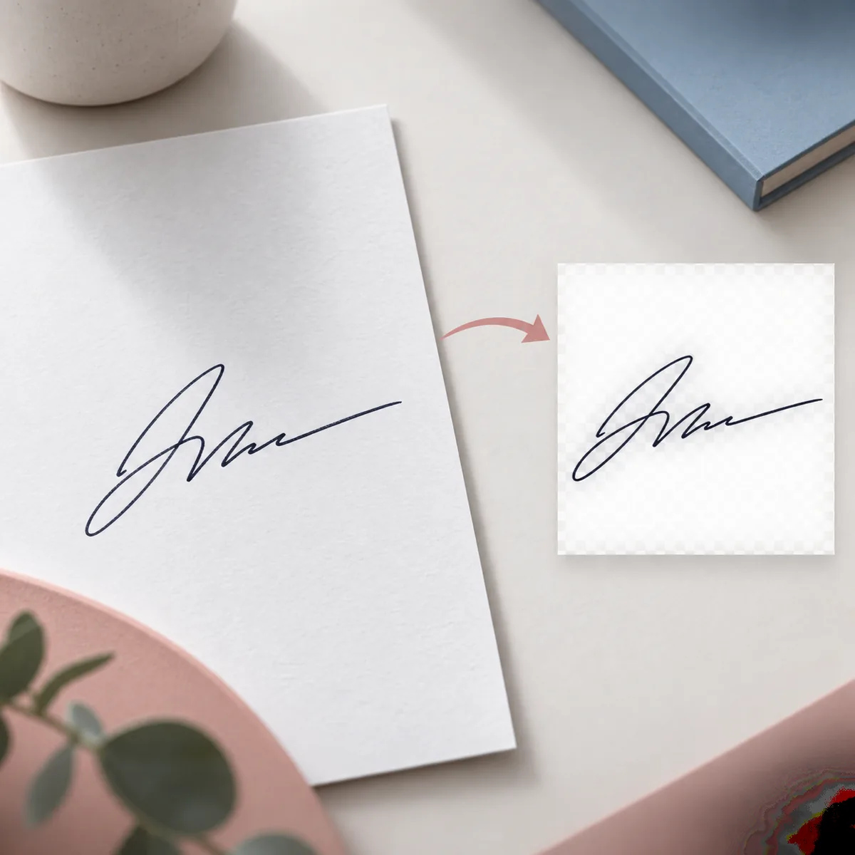 Handwritten signature moving from white paper to a transparent background