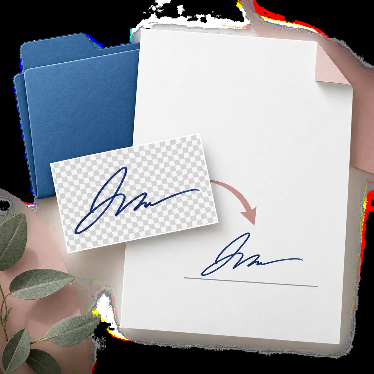 Transparent handwritten signature positioned over a blank document page